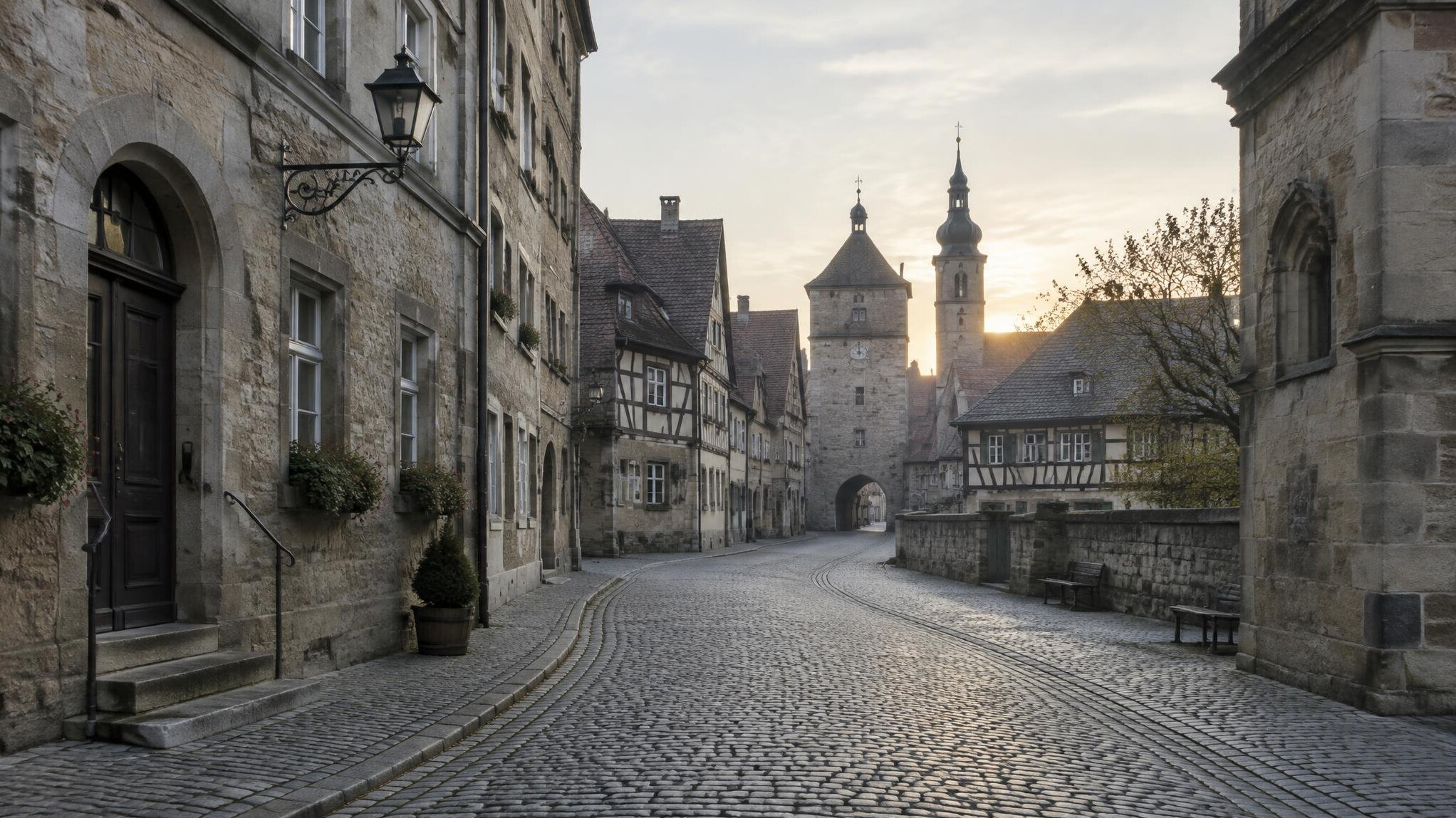 An empty cobblestone street in a historic German old town at early morning